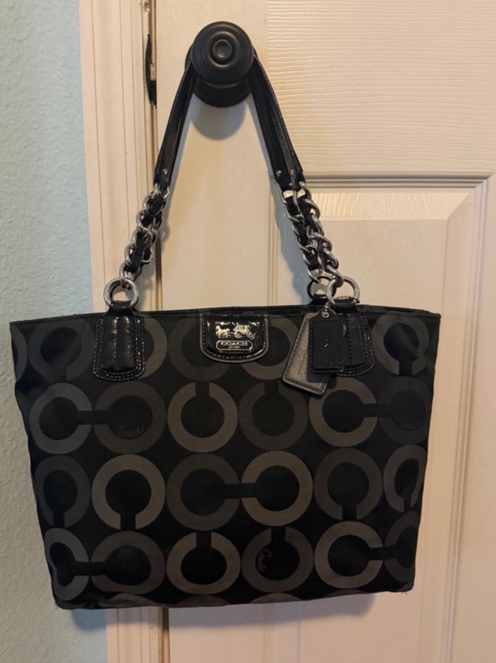Coach Black & Gray Signature Sateen Madison Tote.